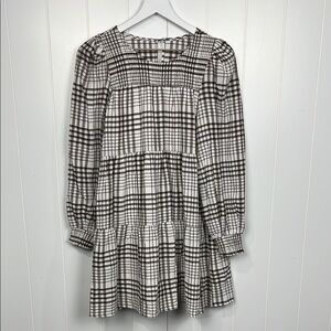 Womens Brown & White Plaid Dress Pullover Smocking Lined Tier Ruffles No Tags